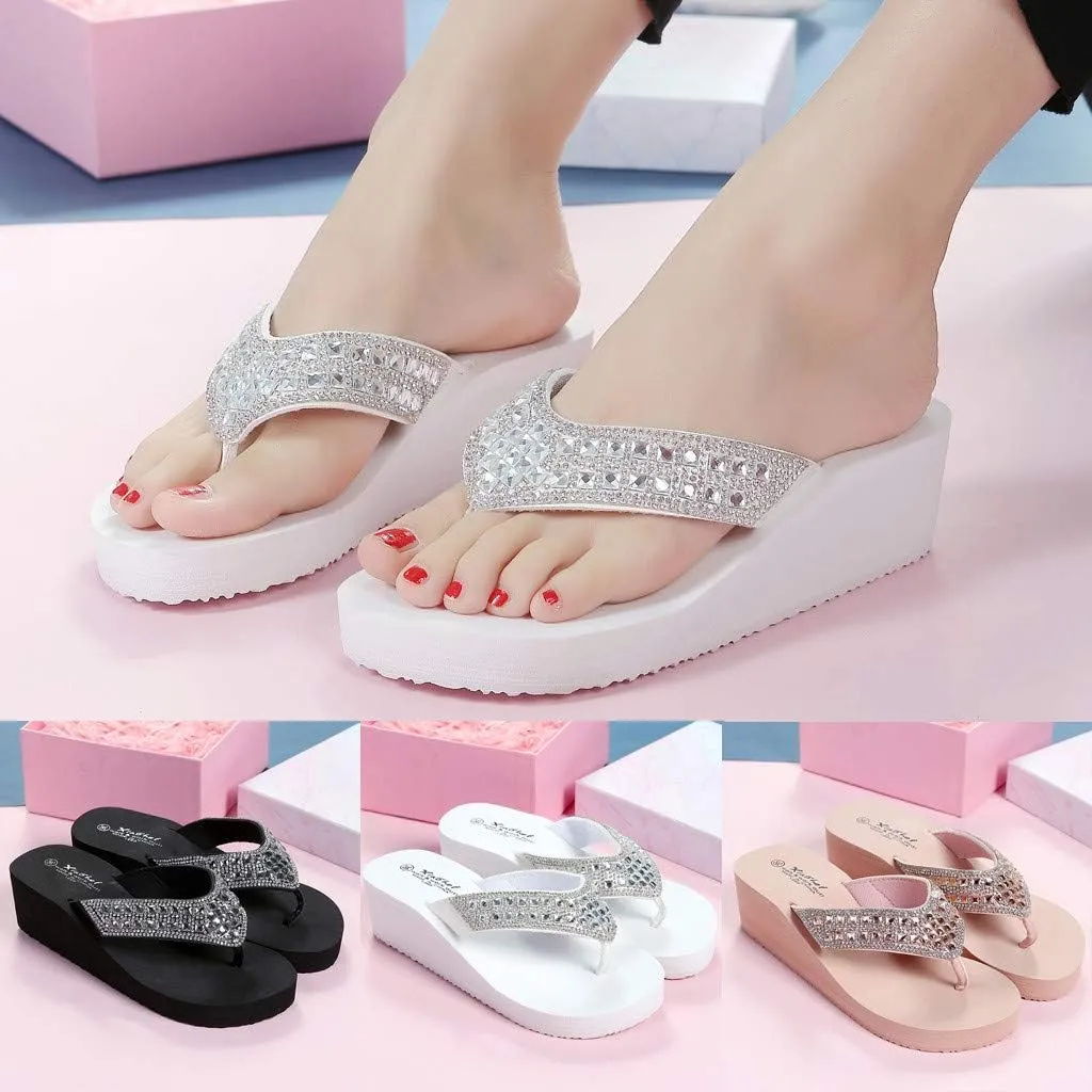Rhinestones Wedges Flip Flops for Women Bohemia Casual Beach Platform Shoes Summer Fashion Slippers