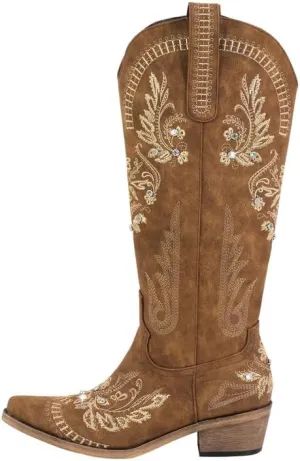 Richealnana Women's Cowgirl Round Roe Short Boots Embroidered Boots Chunky Heels