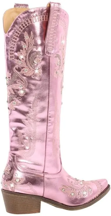 Richealnana Women's Cowgirl Round Roe Short Boots Embroidered Boots Chunky Heels
