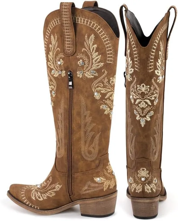 Richealnana Women's Cowgirl Round Roe Short Boots Embroidered Boots Chunky Heels