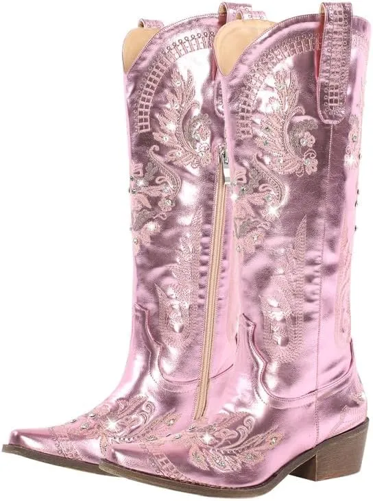Richealnana Women's Cowgirl Round Roe Short Boots Embroidered Boots Chunky Heels