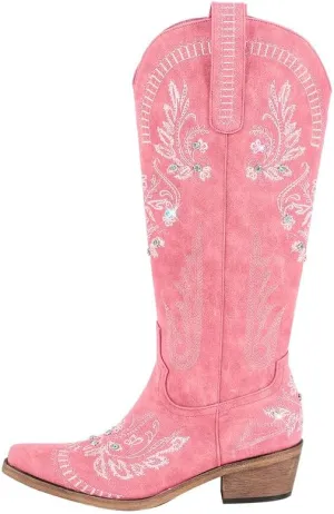 Richealnana Women's Cowgirl Round Roe Short Boots Embroidered Boots Chunky Heels