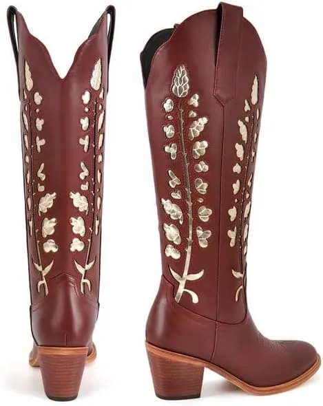 Richealnana Women's Cowgirl Round Roe Short Boots Embroidered Boots Chunky Heels
