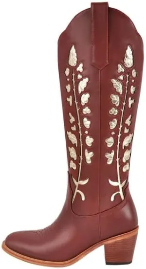 Richealnana Women's Cowgirl Round Roe Short Boots Embroidered Boots Chunky Heels