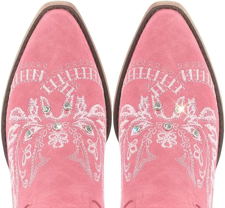 Richealnana Women's Cowgirl Round Roe Short Boots Embroidered Boots Chunky Heels