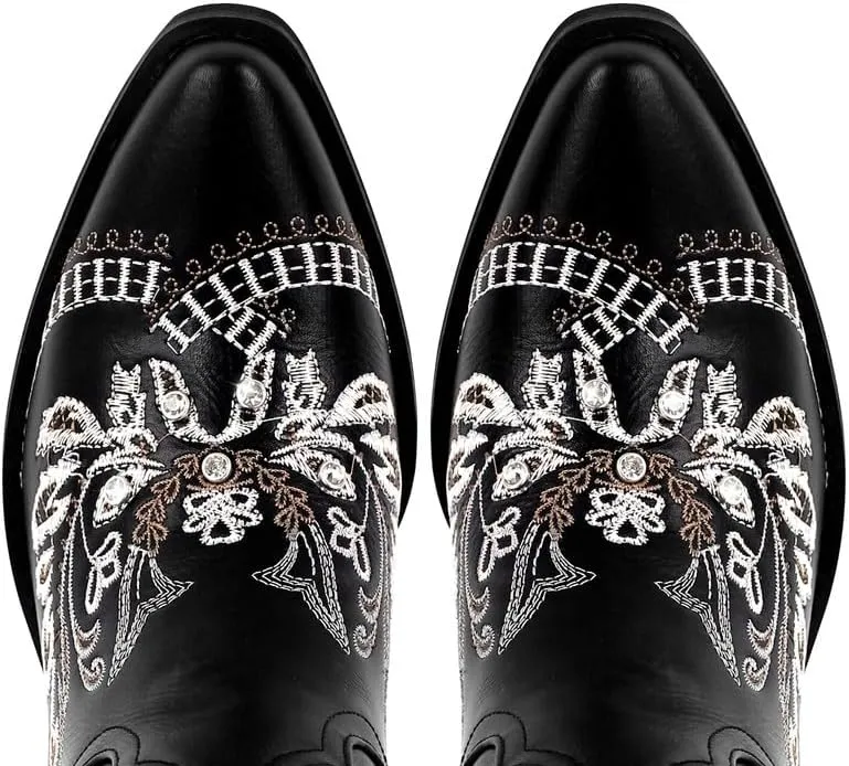 Richealnana Women's Cowgirl Round Roe Short Boots Embroidered Boots Chunky Heels