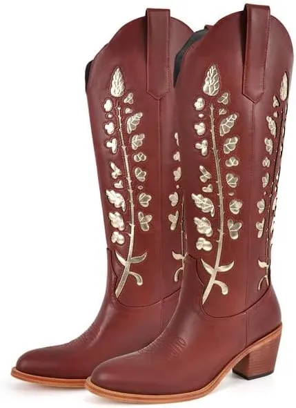 Richealnana Women's Cowgirl Round Roe Short Boots Embroidered Boots Chunky Heels