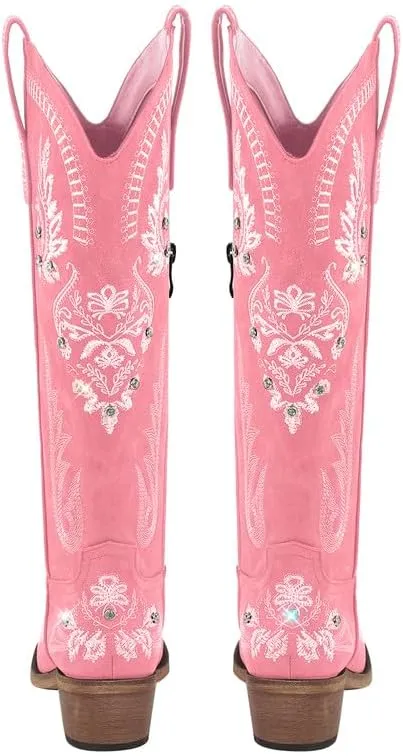 Richealnana Women's Cowgirl Round Roe Short Boots Embroidered Boots Chunky Heels