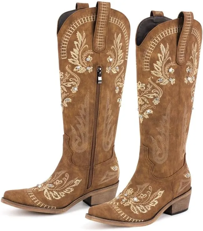 Richealnana Women's Cowgirl Round Roe Short Boots Embroidered Boots Chunky Heels
