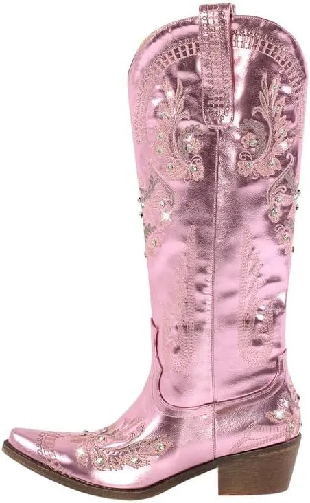 Richealnana Women's Cowgirl Round Roe Short Boots Embroidered Boots Chunky Heels