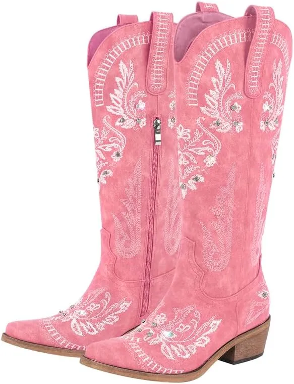 Richealnana Women's Cowgirl Round Roe Short Boots Embroidered Boots Chunky Heels