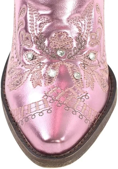 Richealnana Women's Cowgirl Round Roe Short Boots Embroidered Boots Chunky Heels