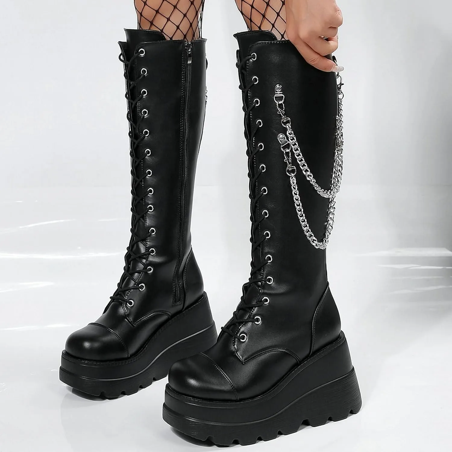 SACFOF Women Goth Knee High Boots Wedge Platform High Heel Mid Calf Boots Lace Up Punk Gothic Biker Combat Boots