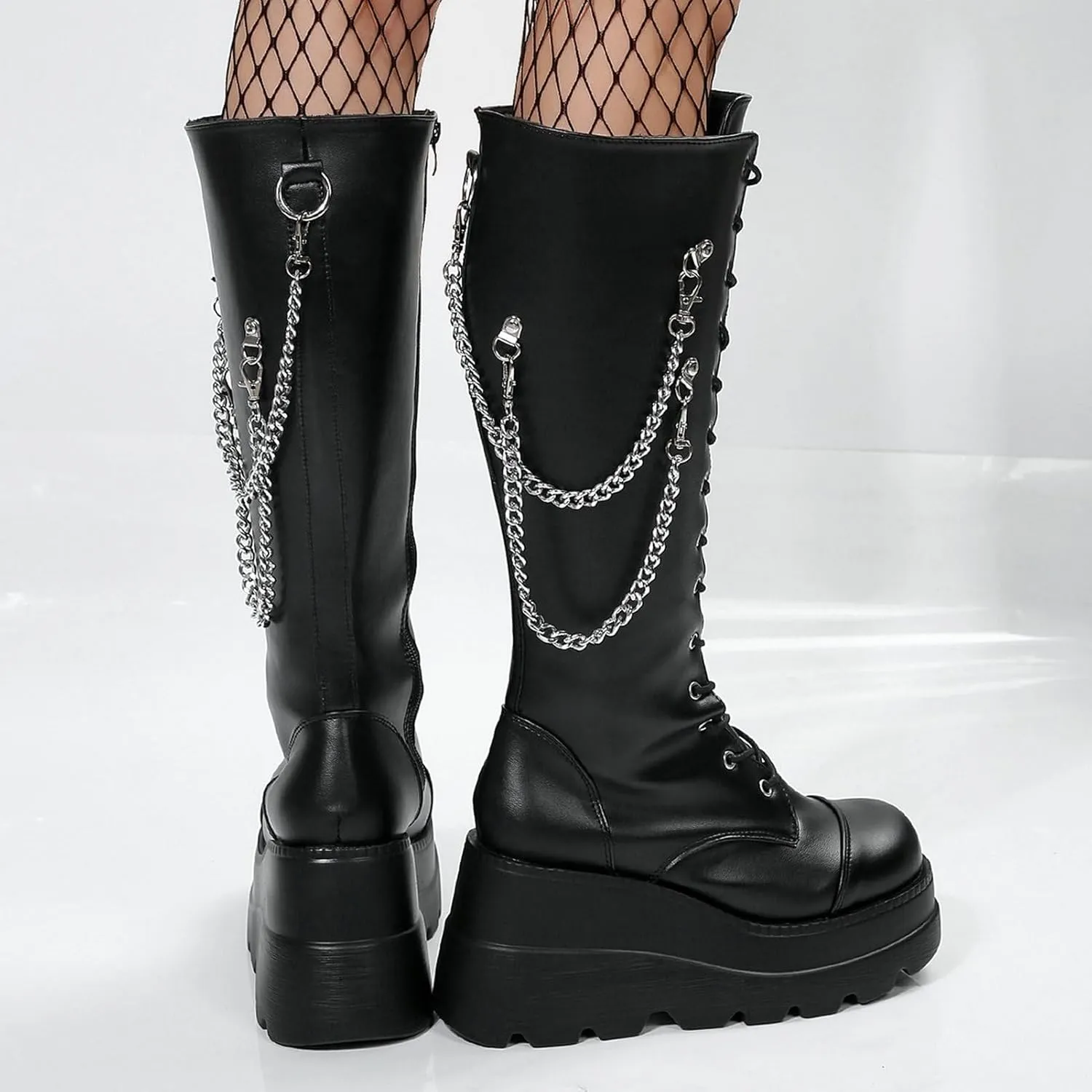 SACFOF Women Goth Knee High Boots Wedge Platform High Heel Mid Calf Boots Lace Up Punk Gothic Biker Combat Boots