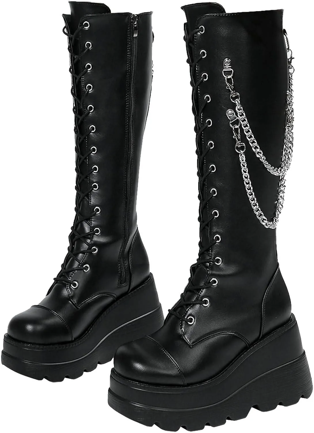 SACFOF Women Goth Knee High Boots Wedge Platform High Heel Mid Calf Boots Lace Up Punk Gothic Biker Combat Boots