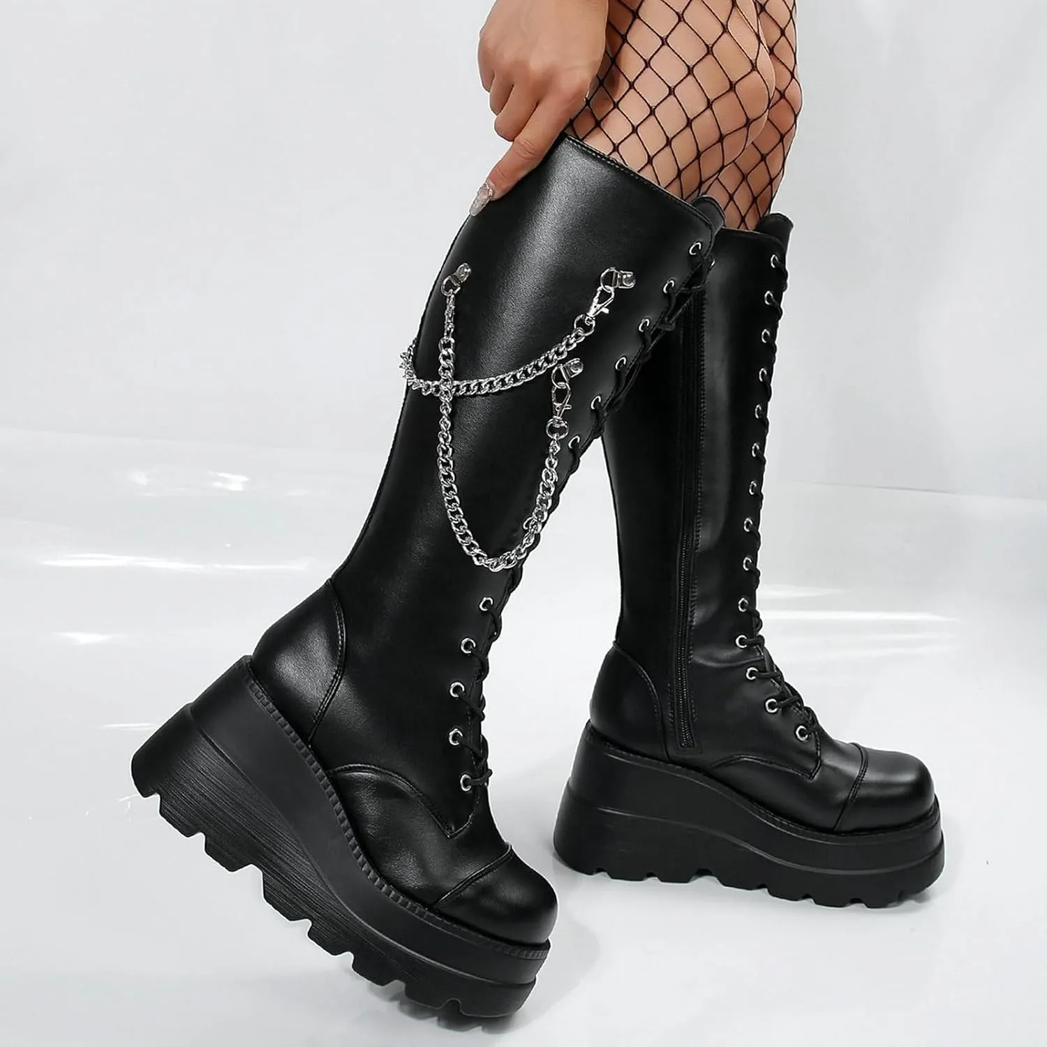 SACFOF Women Goth Knee High Boots Wedge Platform High Heel Mid Calf Boots Lace Up Punk Gothic Biker Combat Boots