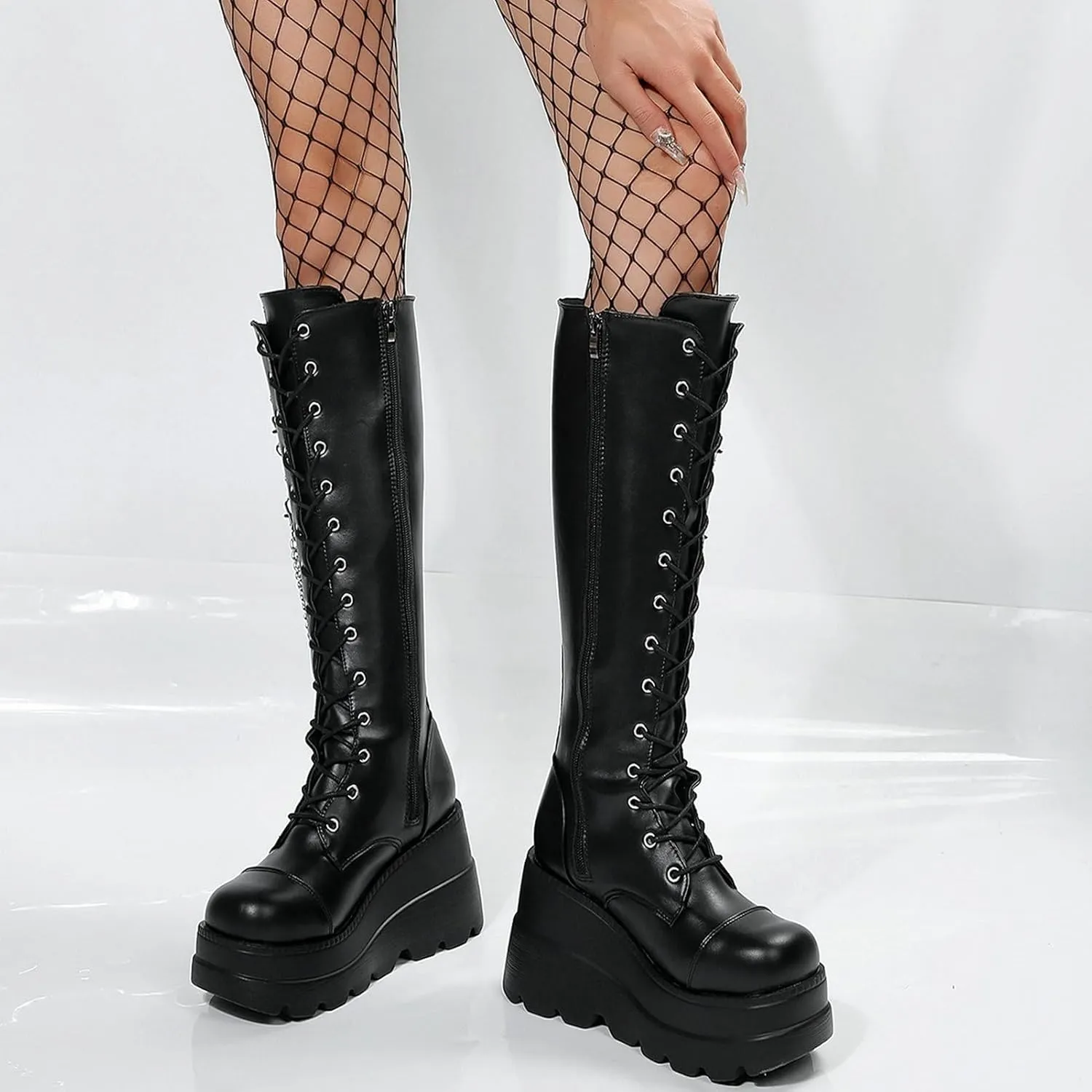 SACFOF Women Goth Knee High Boots Wedge Platform High Heel Mid Calf Boots Lace Up Punk Gothic Biker Combat Boots