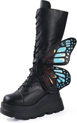 SACFOF Women Platform Punk Goth Mid Calf Boots Chunky High Heel Side Zip Butterfly Wings Knee High Motorcycle Combat Booties