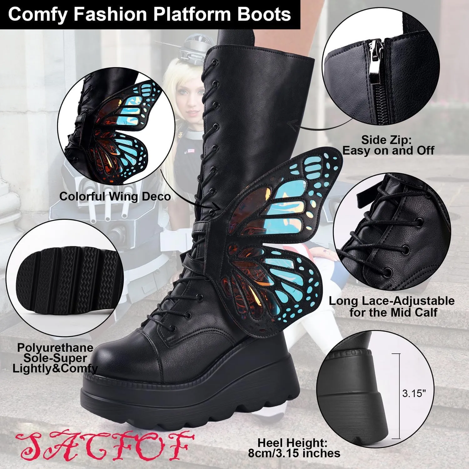 SACFOF Women Platform Punk Goth Mid Calf Boots Chunky High Heel Side Zip Butterfly Wings Knee High Motorcycle Combat Booties