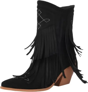 SACFOF Women's Fringe Cowgirl Boots Faux Suede Western Mid Calf Boots Pointed Toe Cowboy Boots Chunky Heel Ankle Boots