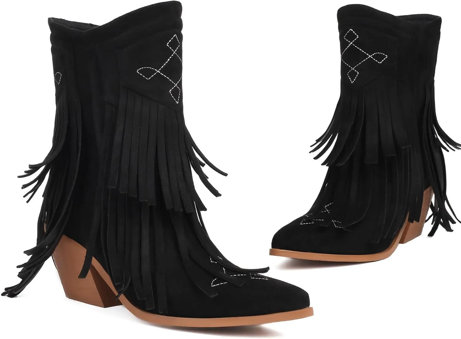 SACFOF Women's Fringe Cowgirl Boots Faux Suede Western Mid Calf Boots Pointed Toe Cowboy Boots Chunky Heel Ankle Boots