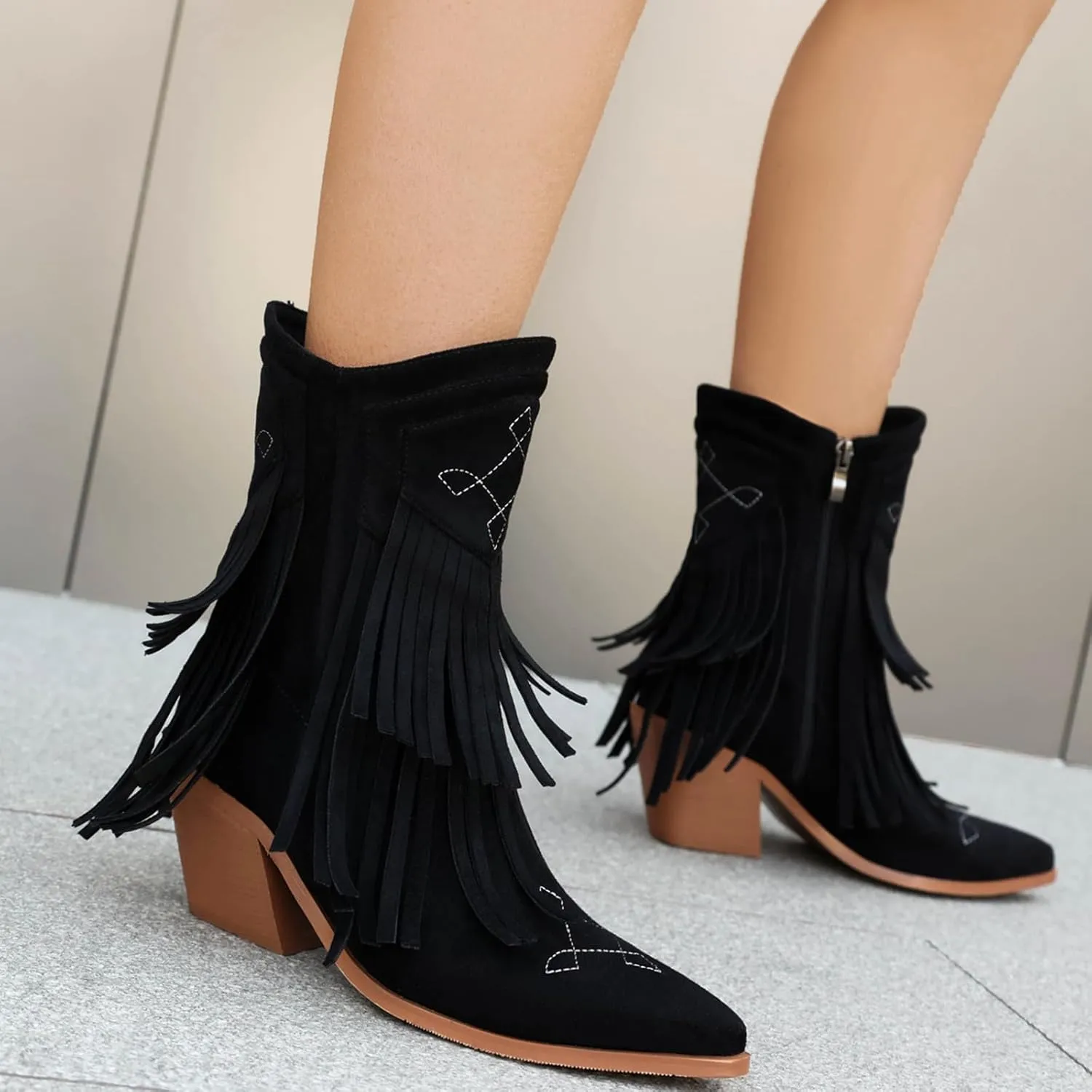 SACFOF Women's Fringe Cowgirl Boots Faux Suede Western Mid Calf Boots Pointed Toe Cowboy Boots Chunky Heel Ankle Boots
