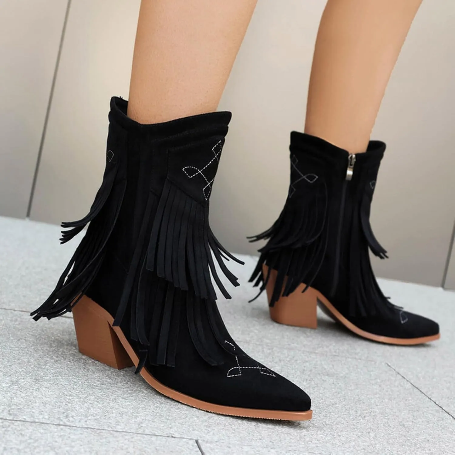 SACFOF Women's Fringe Cowgirl Boots Faux Suede Western Mid Calf Boots Pointed Toe Cowboy Boots Chunky Heel Ankle Boots