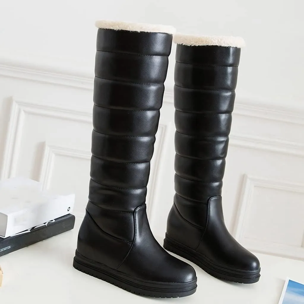 SACFOF Women's Winter Knee High Down Snow Boots Waterproof Warm Fleece Lined Platform Hidden Wedges Anti-Slip Knee High Boots