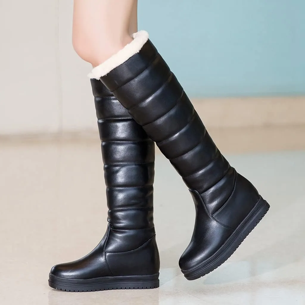 SACFOF Women's Winter Knee High Down Snow Boots Waterproof Warm Fleece Lined Platform Hidden Wedges Anti-Slip Knee High Boots
