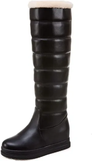 SACFOF Women's Winter Knee High Down Snow Boots Waterproof Warm Fleece Lined Platform Hidden Wedges Anti-Slip Knee High Boots