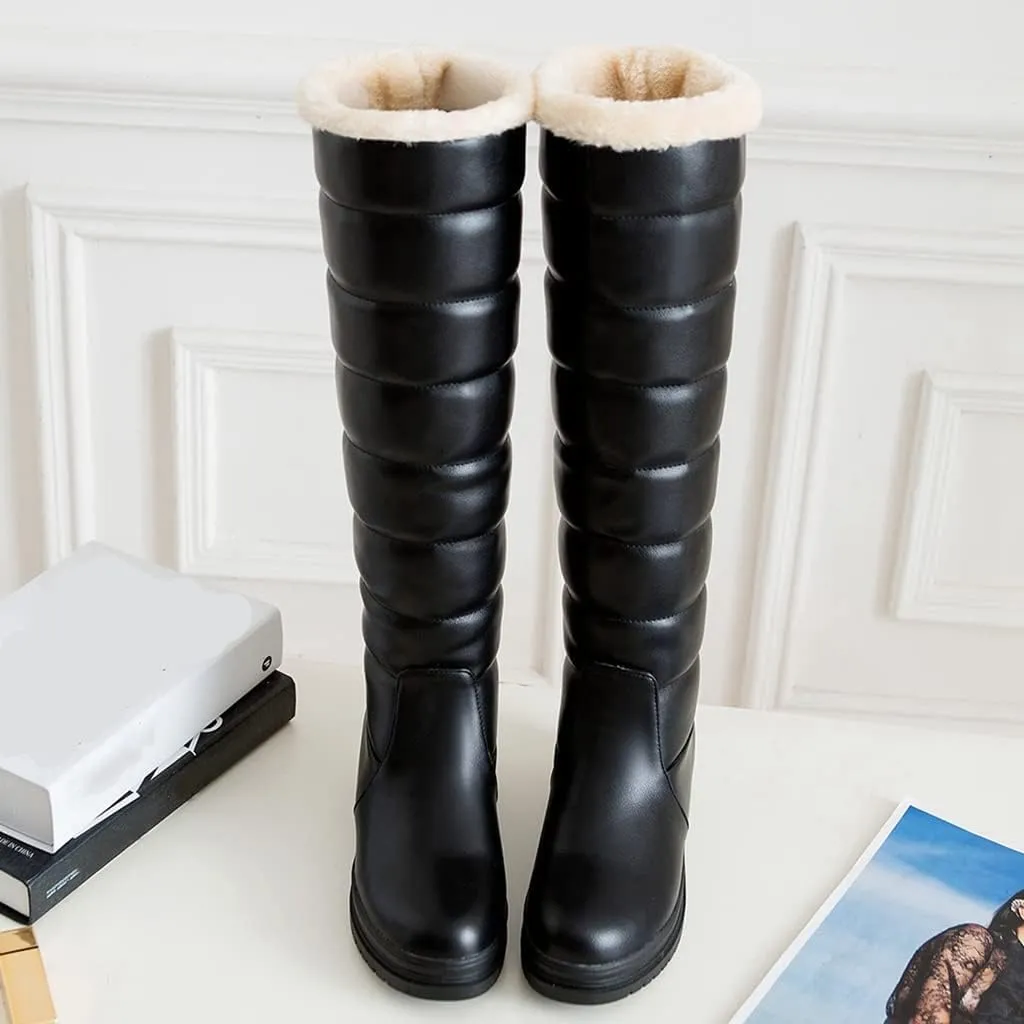 SACFOF Women's Winter Knee High Down Snow Boots Waterproof Warm Fleece Lined Platform Hidden Wedges Anti-Slip Knee High Boots