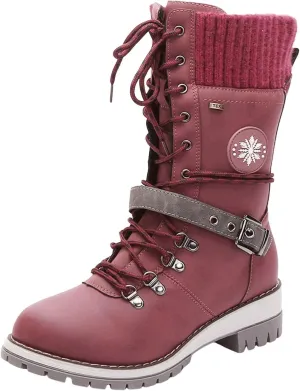 SACFOF Women's Winter Warm Mid Calf Snow Boots Knitted Suede Splicing Lace up Non-Slip Outdoor Motorcycle Riding Booties