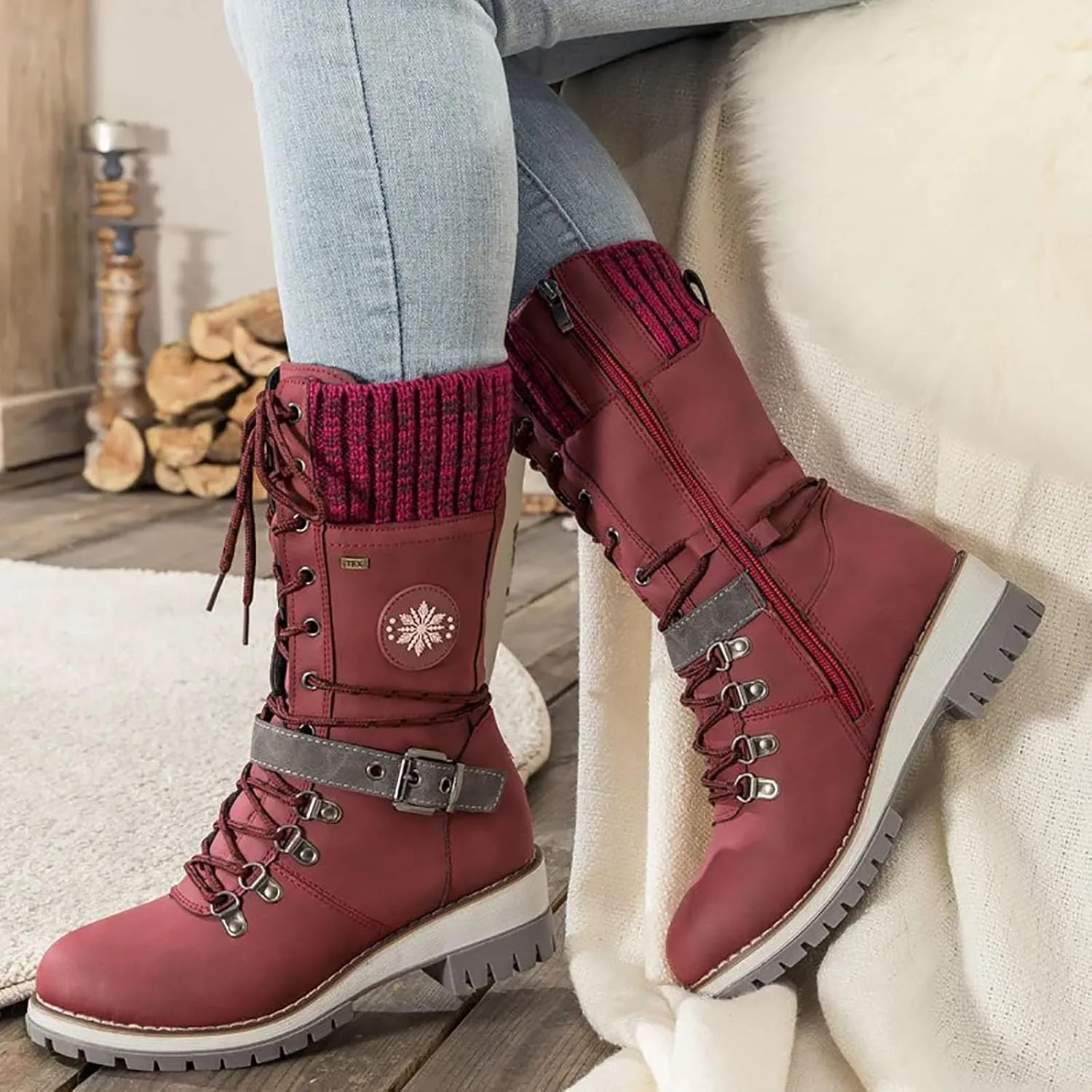 SACFOF Women's Winter Warm Mid Calf Snow Boots Knitted Suede Splicing Lace up Non-Slip Outdoor Motorcycle Riding Booties