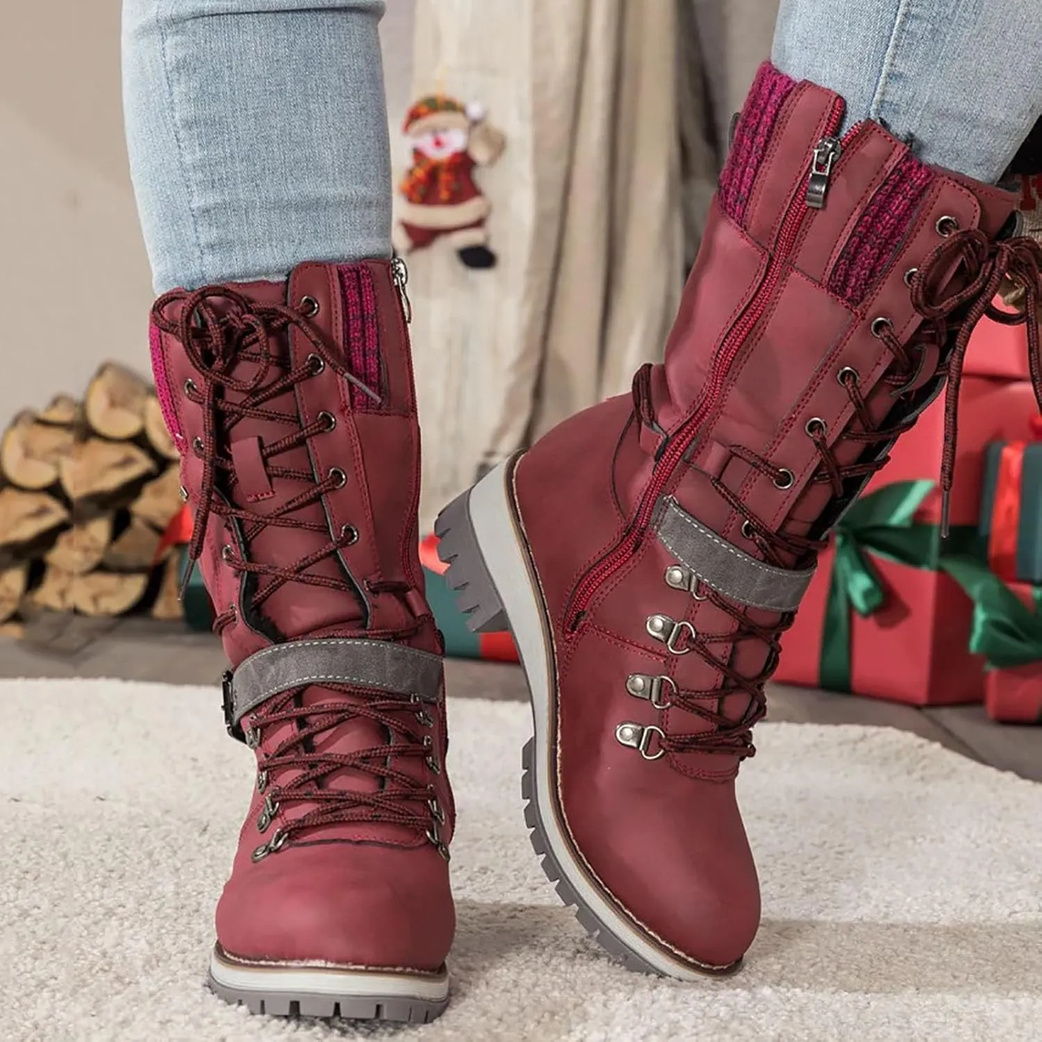 SACFOF Women's Winter Warm Mid Calf Snow Boots Knitted Suede Splicing Lace up Non-Slip Outdoor Motorcycle Riding Booties
