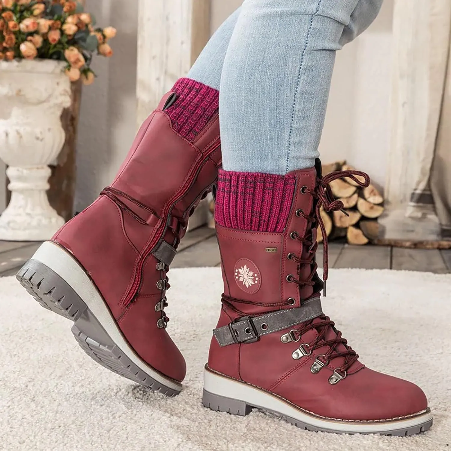 SACFOF Women's Winter Warm Mid Calf Snow Boots Knitted Suede Splicing Lace up Non-Slip Outdoor Motorcycle Riding Booties
