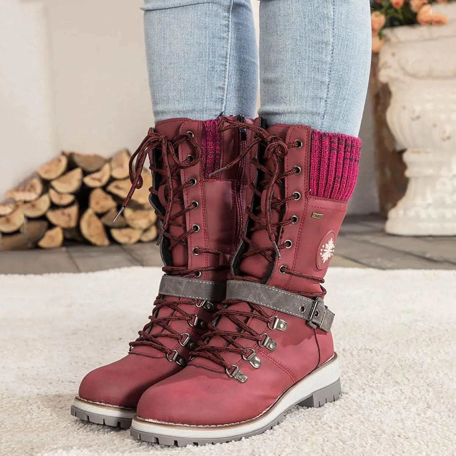 SACFOF Women's Winter Warm Mid Calf Snow Boots Knitted Suede Splicing Lace up Non-Slip Outdoor Motorcycle Riding Booties