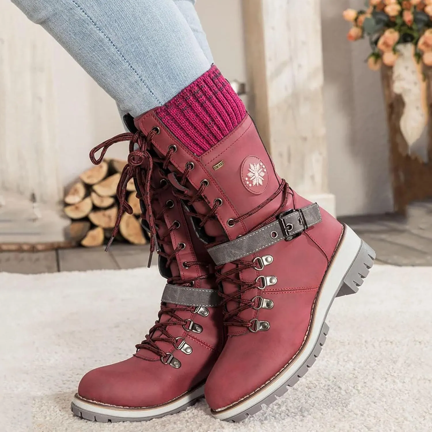 SACFOF Women's Winter Warm Mid Calf Snow Boots Knitted Suede Splicing Lace up Non-Slip Outdoor Motorcycle Riding Booties