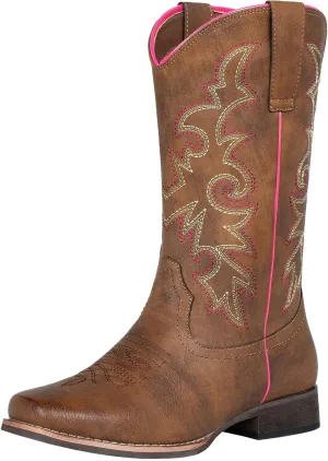 SheSole Women's Cowboy Boots Square Toe Western Cowgirl Mid Wide Calf Embroidered Boots Brown