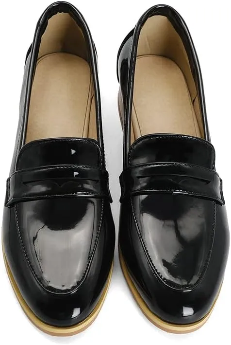 Shinelly Women Patent Leather Loafers Chunky Low Heel Pumps