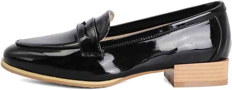 Shinelly Women Patent Leather Loafers Chunky Low Heel Pumps