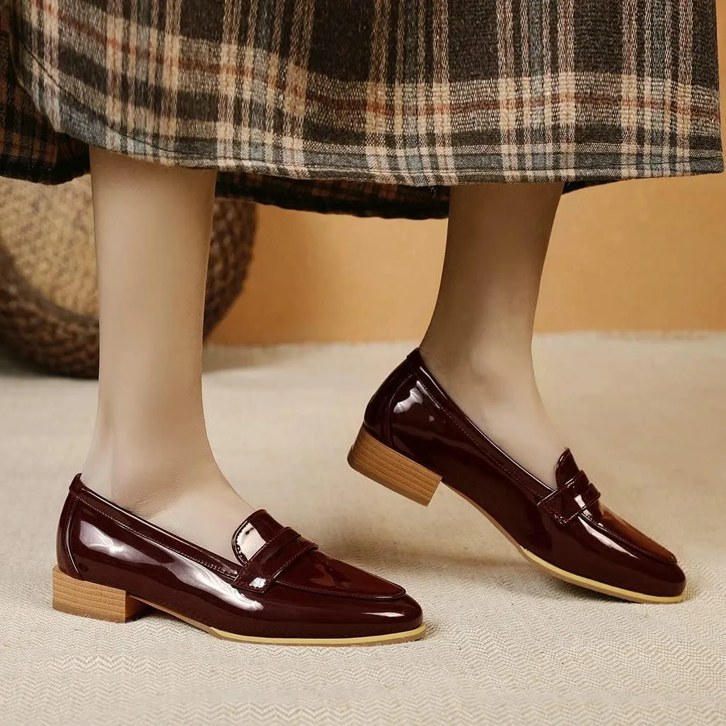 Shinelly Women Patent Leather Loafers Chunky Low Heel Pumps
