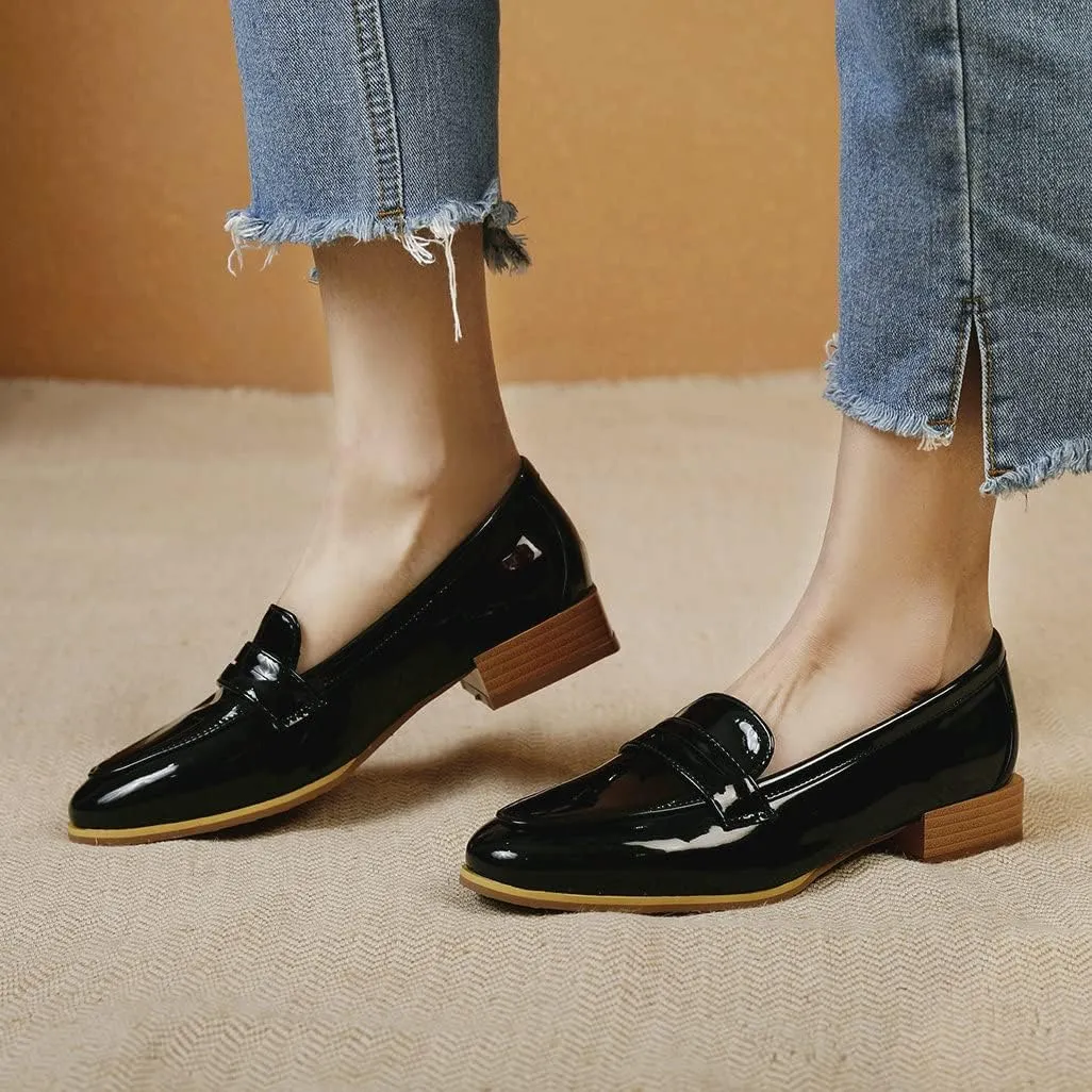 Shinelly Women Patent Leather Loafers Chunky Low Heel Pumps
