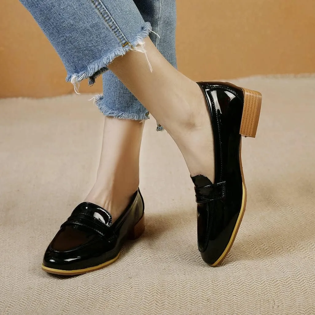 Shinelly Women Patent Leather Loafers Chunky Low Heel Pumps