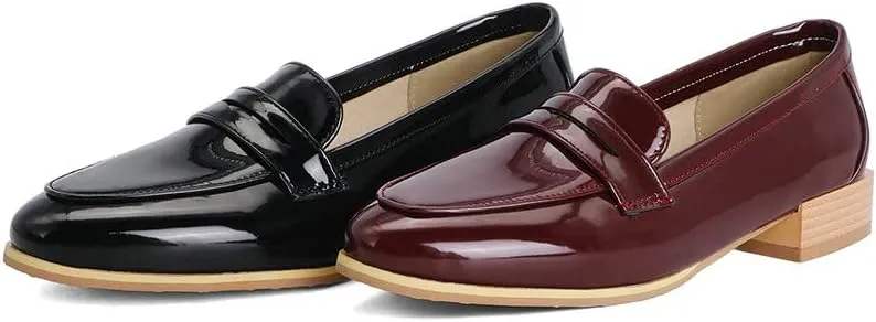 Shinelly Women Patent Leather Loafers Chunky Low Heel Pumps