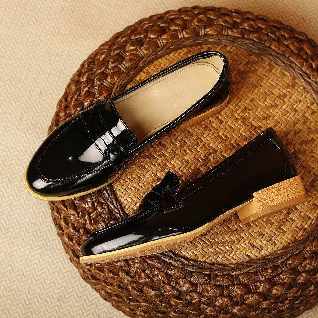 Shinelly Women Patent Leather Loafers Chunky Low Heel Pumps