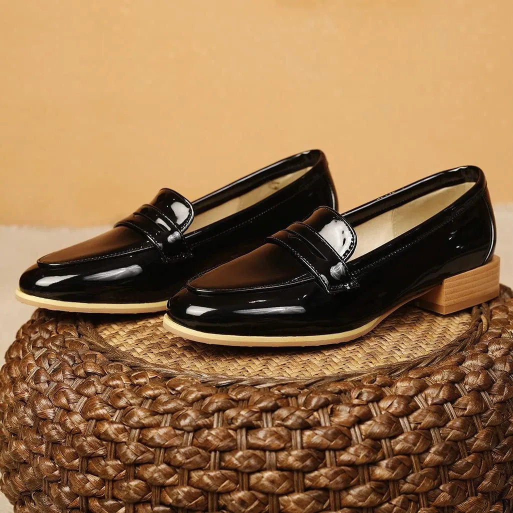Shinelly Women Patent Leather Loafers Chunky Low Heel Pumps