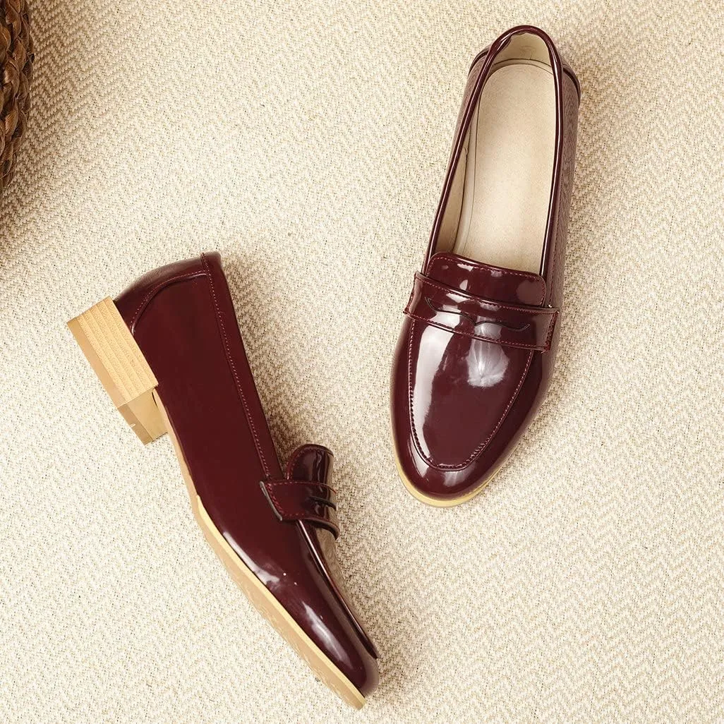 Shinelly Women Patent Leather Loafers Chunky Low Heel Pumps