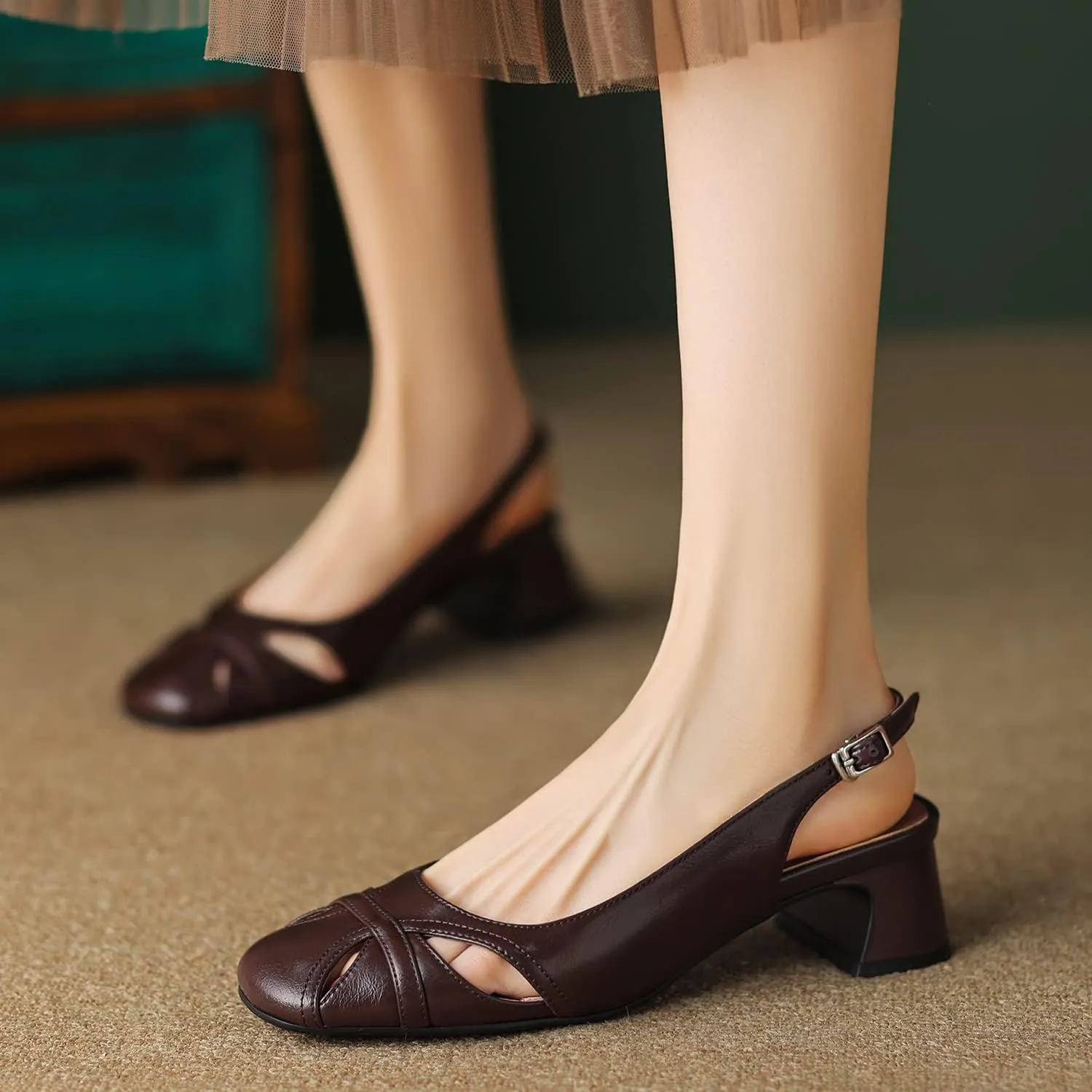 SHODENSE Women Slingback Low Chunky Heels Square Toe Pumps Cut Out 2 Inch Mid Block Heel Slip On Dress Shoes Buckle Strap Backless Sandals Comfort Retro Casual Office Wedding Party 4-11 M US