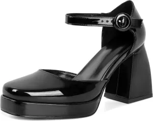 Soireelady Womens Chunky Platform Heels, Mary Jane Shoes Block Heel Pumps, High Heel Square Toe D'Orsay Heels Ankle Strap Dress Shoes 4 Inch