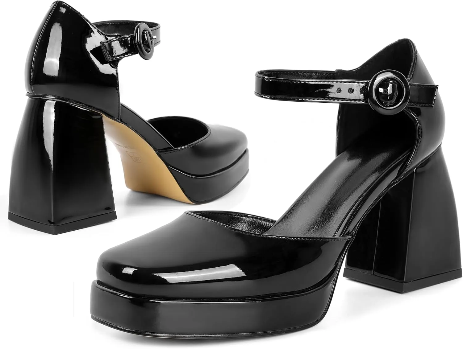 Soireelady Womens Chunky Platform Heels, Mary Jane Shoes Block Heel Pumps, High Heel Square Toe D'Orsay Heels Ankle Strap Dress Shoes 4 Inch
